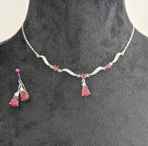 Nina Ricci Victorian Style Red Crystal Silver Tone Necklace and Earring Set